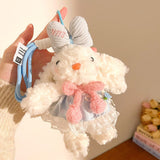 Darrahopens Fashion > Women's Fashion > Women's Accessories Blue and Pink Cute Floppy Eared Bunny Plush Doll with Pearl Necklace and Ribbon Dress - Adorable Keychain or Bag Charm for Girls(F-4976)