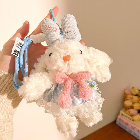 Darrahopens Fashion > Women's Fashion > Women's Accessories Blue and Pink Cute Floppy Eared Bunny Plush Doll with Pearl Necklace and Ribbon Dress - Adorable Keychain or Bag Charm for Girls(F-4976)