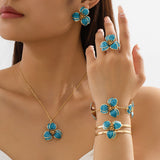Darrahopens Fashion > Women's Fashion > Women's Accessories Blue Floral Enamel Jewelry Set – Five-Piece Alloy Accessory Collection with Minimalist Botanical Design