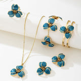 Darrahopens Fashion > Women's Fashion > Women's Accessories Blue Floral Enamel Jewelry Set – Five-Piece Alloy Accessory Collection with Minimalist Botanical Design