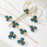 Darrahopens Fashion > Women's Fashion > Women's Accessories Blue Floral Enamel Jewelry Set – Five-Piece Alloy Accessory Collection with Minimalist Botanical Design