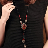 Darrahopens Fashion > Women's Fashion > Women's Accessories Bohemian style long necklace featuring retro beads and metal carved flowers with elegant dangling tassels adjustable 86cm chain suitable for pairing with sweaters and dresses perfect for daily wear or holiday occasions