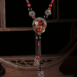 Darrahopens Fashion > Women's Fashion > Women's Accessories Bohemian style long necklace featuring retro beads and metal carved flowers with elegant dangling tassels adjustable 86cm chain suitable for pairing with sweaters and dresses perfect for daily wear or holiday occasions