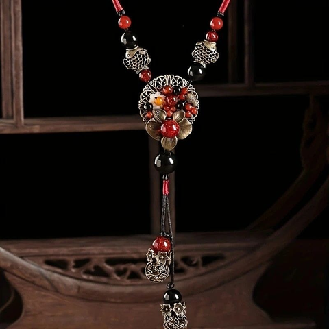 Darrahopens Fashion > Women's Fashion > Women's Accessories Bohemian style long necklace featuring retro beads and metal carved flowers with elegant dangling tassels adjustable 86cm chain suitable for pairing with sweaters and dresses perfect for daily wear or holiday occasions