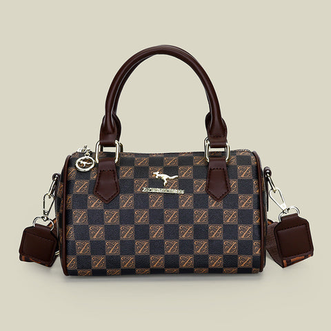 Darrahopens Fashion > Women's Fashion > Women's Accessories Brown checkered pattern Stylish PU Leather Boston Bag - Elegant Retro Single Shoulder Crossbody Handbag for Women