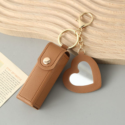 Darrahopens Fashion > Women's Fashion > Women's Accessories Brown Portable Lipstick Case with Heart Mirror & Keychain – Cute PU Leather Holder (3-Pack)
