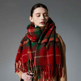 Darrahopens Fashion > Women's Fashion > Women's Accessories Brown + Red Striped Wool-Blend Beanie & Plaid Fringed Scarf Set — Soft Knit Hat (36 x 26 cm) and Oversized Shawl (200 x 65 cm); A Must-Have for Christmas and Cold Weather
