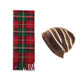 Darrahopens Fashion > Women's Fashion > Women's Accessories Brown + Red Striped Wool-Blend Beanie & Plaid Fringed Scarf Set — Soft Knit Hat (36 x 26 cm) and Oversized Shawl (200 x 65 cm); A Must-Have for Christmas and Cold Weather