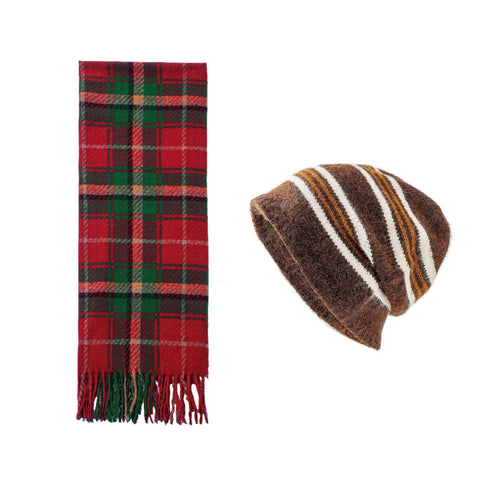 Darrahopens Fashion > Women's Fashion > Women's Accessories Brown + Red Striped Wool-Blend Beanie & Plaid Fringed Scarf Set — Soft Knit Hat (36 x 26 cm) and Oversized Shawl (200 x 65 cm); A Must-Have for Christmas and Cold Weather