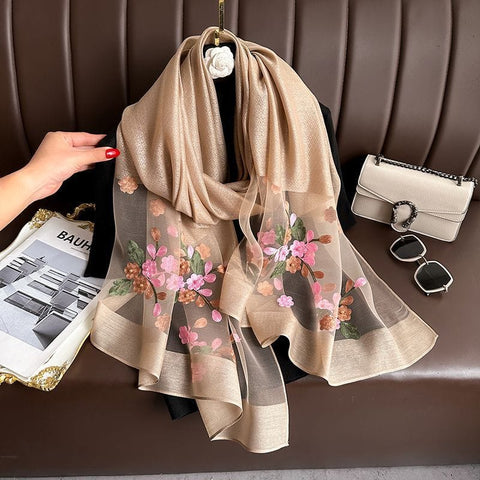 Darrahopens Fashion > Women's Fashion > Women's Accessories Camel color Elegant Embroidered Begonia Flower Long Scarf for Women - Beaded Faux Silk Shawl with Floral Design, Lightweight Sunscreen Wrap for Spring Autumn Daily Wear