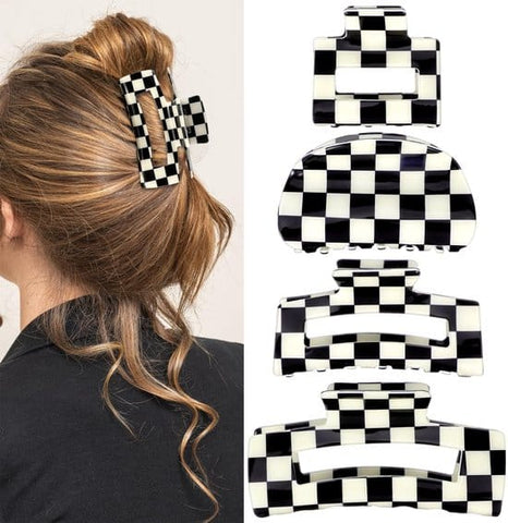 Darrahopens Fashion > Women's Fashion > Women's Accessories Checkered Claw Clips - Thick Hair - Fine Hair - Curly Hair - Straight Hair - Long Hair Non-Slip Clips - Simple Style Black and White Square Claw Clips - Set of 4 Hair Accessories for Women