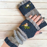 Darrahopens Fashion > Women's Fashion > Women's Accessories Color-Block Bird Embroidered Fingerless Knit Gloves – Warm, Flexible, Perfect for Daily Autumn/Winter Use, 8.5×22cm Stylish Practical Commute Hand-Warming Essential(purple)