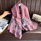 Darrahopens Fashion > Women's Fashion > Women's Accessories Dark Pink Elegant Embroidered Begonia Flower Long Scarf for Women - Beaded Faux Silk Shawl with Floral Design, Lightweight Sunscreen Wrap for Spring Autumn Daily Wear