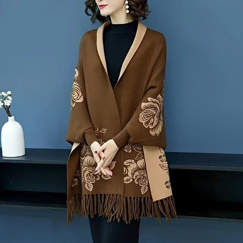 Darrahopens Fashion > Women's Fashion > Women's Accessories Double-sided Jacquard Cheongsam Shawl, Color-Blocked Fringed Cape Design, Autumn/Winter Fashion & Warmth Two-in-One Scarf(brown)