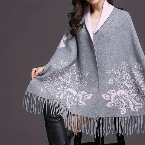 Darrahopens Fashion > Women's Fashion > Women's Accessories Double-sided Jacquard Cheongsam Shawl, Color-Blocked Fringed Cape Design, Autumn/Winter Fashion & Warmth Two-in-One Scarf(GREY)