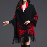 Darrahopens Fashion > Women's Fashion > Women's Accessories Double-sided Jacquard Cheongsam Shawl, Color-Blocked Fringed Cape Design, Autumn/Winter Fashion & Warmth Two-in-One Scarf（red)
