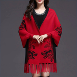 Darrahopens Fashion > Women's Fashion > Women's Accessories Double-sided Jacquard Cheongsam Shawl, Color-Blocked Fringed Cape Design, Autumn/Winter Fashion & Warmth Two-in-One Scarf（red)