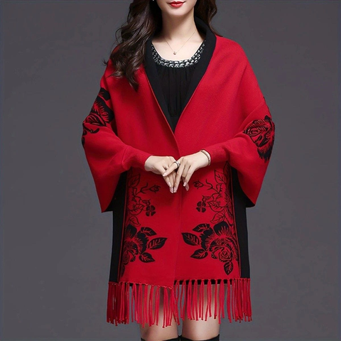 Darrahopens Fashion > Women's Fashion > Women's Accessories Double-sided Jacquard Cheongsam Shawl, Color-Blocked Fringed Cape Design, Autumn/Winter Fashion & Warmth Two-in-One Scarf（red)