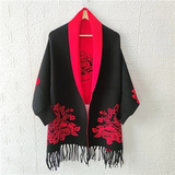 Darrahopens Fashion > Women's Fashion > Women's Accessories Double-sided Jacquard Cheongsam Shawl, Color-Blocked Fringed Cape Design, Autumn/Winter Fashion & Warmth Two-in-One Scarf（red)