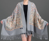 Darrahopens Fashion > Women's Fashion > Women's Accessories European-American Style Auspicious Embroidered Shawl Scarf, High-End Autumn & Winter Warm Outfit(Light hemp ash color）