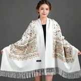 Darrahopens Fashion > Women's Fashion > Women's Accessories European-American Style Auspicious Embroidered Shawl Scarf, High-End Autumn & Winter Warm Outfit(Light hemp ash color）