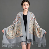 Darrahopens Fashion > Women's Fashion > Women's Accessories European-American Style Auspicious Embroidered Shawl Scarf, High-End Autumn & Winter Warm Outfit(Light hemp ash color）