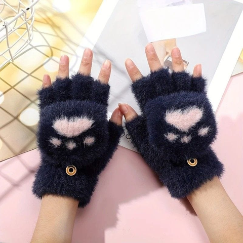 Darrahopens Fashion > Women's Fashion > Women's Accessories Faux Mink Fingerless Fleece-Lined Warm Gloves – Practical for Autumn/Winter, Heart Design with High-Elastic Cuff, Ideal for Office Use and Daily Hand Warmth.(navy blue)