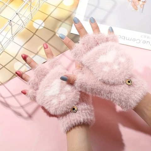 Darrahopens Fashion > Women's Fashion > Women's Accessories Faux Mink Fingerless Fleece-Lined Warm Gloves – Practical for Autumn/Winter, Heart Design with High-Elastic Cuff, Ideal for Office Use and Daily Hand Warmth.(pink)