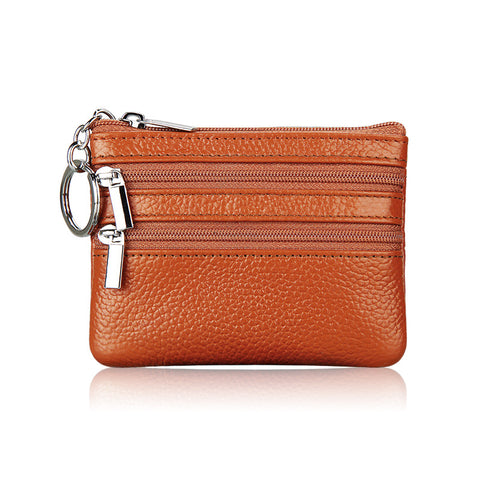 Darrahopens Fashion > Women's Fashion > Women's Accessories Genuine Leather Coin Purse Mini Wallet with Triple Zipper Pockets Key Ring Holder Pouch for Cash & Cards - Brown