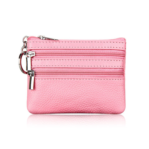 Darrahopens Fashion > Women's Fashion > Women's Accessories Genuine Leather Coin Purse Mini Wallet with Triple Zipper Pockets Key Ring Holder Pouch for Cash & Cards - Pink