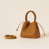 Darrahopens Fashion > Women's Fashion > Women's Accessories Genuine Leather Mini Bucket Bag with Braided Handle - Chic Drawstring Crossbody Purse(Biscuit)