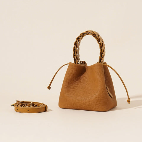 Darrahopens Fashion > Women's Fashion > Women's Accessories Genuine Leather Mini Bucket Bag with Braided Handle - Chic Drawstring Crossbody Purse(Biscuit)