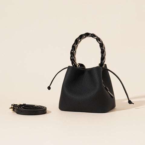 Darrahopens Fashion > Women's Fashion > Women's Accessories Genuine Leather Mini Bucket Bag with Braided Handle - Chic Drawstring Crossbody Purse(Black)
