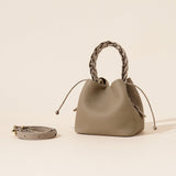 Darrahopens Fashion > Women's Fashion > Women's Accessories Genuine Leather Mini Bucket Bag with Braided Handle - Chic Drawstring Crossbody Purse(Gray)