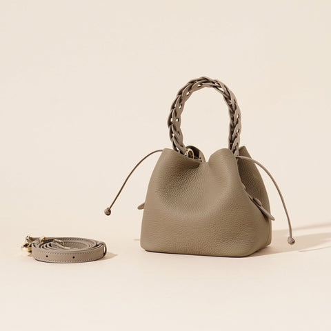 Darrahopens Fashion > Women's Fashion > Women's Accessories Genuine Leather Mini Bucket Bag with Braided Handle - Chic Drawstring Crossbody Purse(Gray)