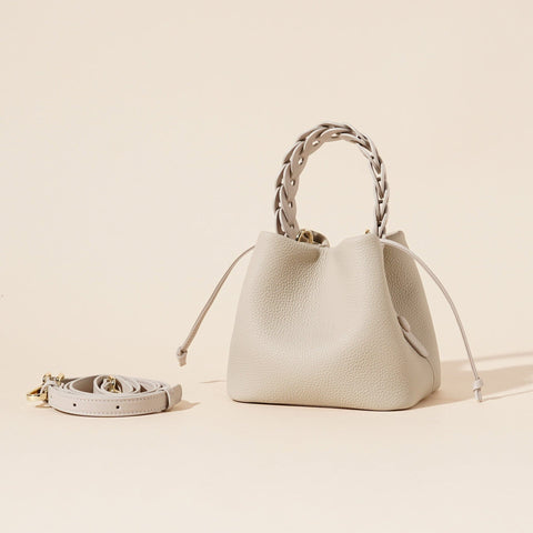 Darrahopens Fashion > Women's Fashion > Women's Accessories Genuine Leather Mini Bucket Bag with Braided Handle - Chic Drawstring Crossbody Purse(white)