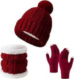 Darrahopens Fashion > Women's Fashion > Women's Accessories Gloves, hat and scarf - three-piece set - winter knitwear - fleece lined and thickened - warm and cold resistant - Claret