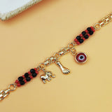 Darrahopens Fashion > Women's Fashion > Women's Accessories Gold-Tone Chain Bracelet with Red and Black Beads, Elephant Charm, Feather Pendant, and Round Stone Accent – 19 cm Length