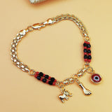 Darrahopens Fashion > Women's Fashion > Women's Accessories Gold-Tone Chain Bracelet with Red and Black Beads, Elephant Charm, Feather Pendant, and Round Stone Accent – 19 cm Length
