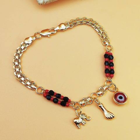 Darrahopens Fashion > Women's Fashion > Women's Accessories Gold-Tone Chain Bracelet with Red and Black Beads, Elephant Charm, Feather Pendant, and Round Stone Accent – 19 cm Length