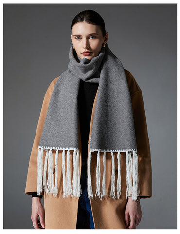 Darrahopens Fashion > Women's Fashion > Women's Accessories Gray Contrast Edge & Tassel Scarf - Chic Autumn/Winter Neckwear (190x30cm)