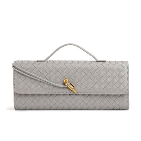 Darrahopens Fashion > Women's Fashion > Women's Accessories Gray Luxury Woven PU Leather Clutch - Elegant Women's Evening Baguette Bag with Adjustable Shoulder Strap