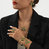 Darrahopens Fashion > Women's Fashion > Women's Accessories Green Floral Enamel Jewelry Set – Five-Piece Alloy Accessory Collection with Minimalist Botanical Design