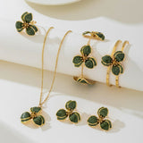Darrahopens Fashion > Women's Fashion > Women's Accessories Green Floral Enamel Jewelry Set – Five-Piece Alloy Accessory Collection with Minimalist Botanical Design