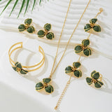 Darrahopens Fashion > Women's Fashion > Women's Accessories Green Floral Enamel Jewelry Set – Five-Piece Alloy Accessory Collection with Minimalist Botanical Design