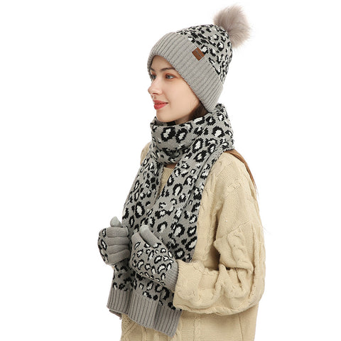 Darrahopens Fashion > Women's Fashion > Women's Accessories Grey Women's Leopard Print Winter Warm Knit Set - 3 Piece Fleece Lined Hat, Scarf & Gloves