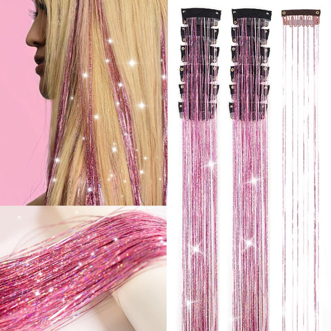 Darrahopens Fashion > Women's Fashion > Women's Accessories Hair Tinsels - Festival Glitter Hair Extensions - Glittery Hair Extensions - 12-Piece Clip-On Hair Accessory Set - 52cm, for Christmas and New Year, Glittery Hair Extensions, Suitable for Women, Girls and Children (Pink)