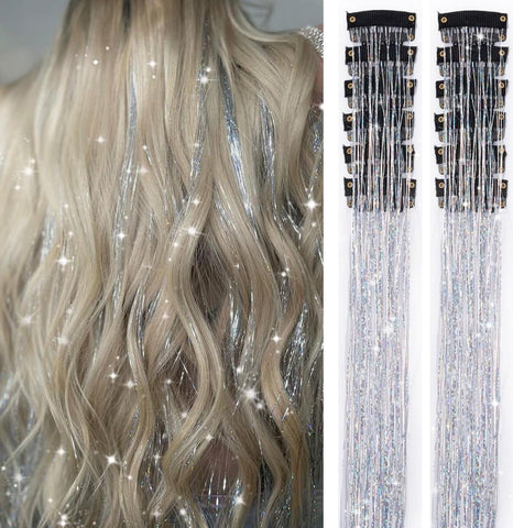 Darrahopens Fashion > Women's Fashion > Women's Accessories Hair Tinsels - Festival Hair Extensions - Glitter Hair Extensions - 12-Piece Clip-On Hair Accessory Set - 52cm Long, Christmas and New Year Glitter Hair Extensions, Suitable for Women, Girls and Children (Silver)