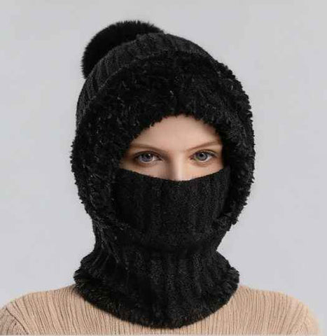 Darrahopens Fashion > Women's Fashion > Women's Accessories Integrated Knit Hat, Women's Windproof Warm Pom-Pom Hat with Face Cover & Neck Warmer for Winter Cycling - Black In Australia - Darrahopens