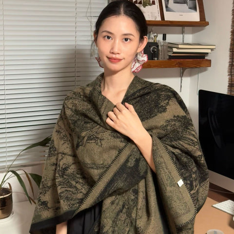 Darrahopens Fashion > Women's Fashion > Women's Accessories Jiangnan Waterfront-Green Camel Elegant Autumn Winter Shawl - Artistic Split-Design Knit Cloak with Oil Painting Style